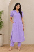 Lavender 100% Cotton Hakoba Collared Kurti Set