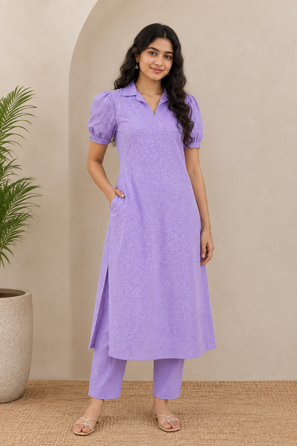 Lavender 100% Cotton Hakoba Collared Kurti Set