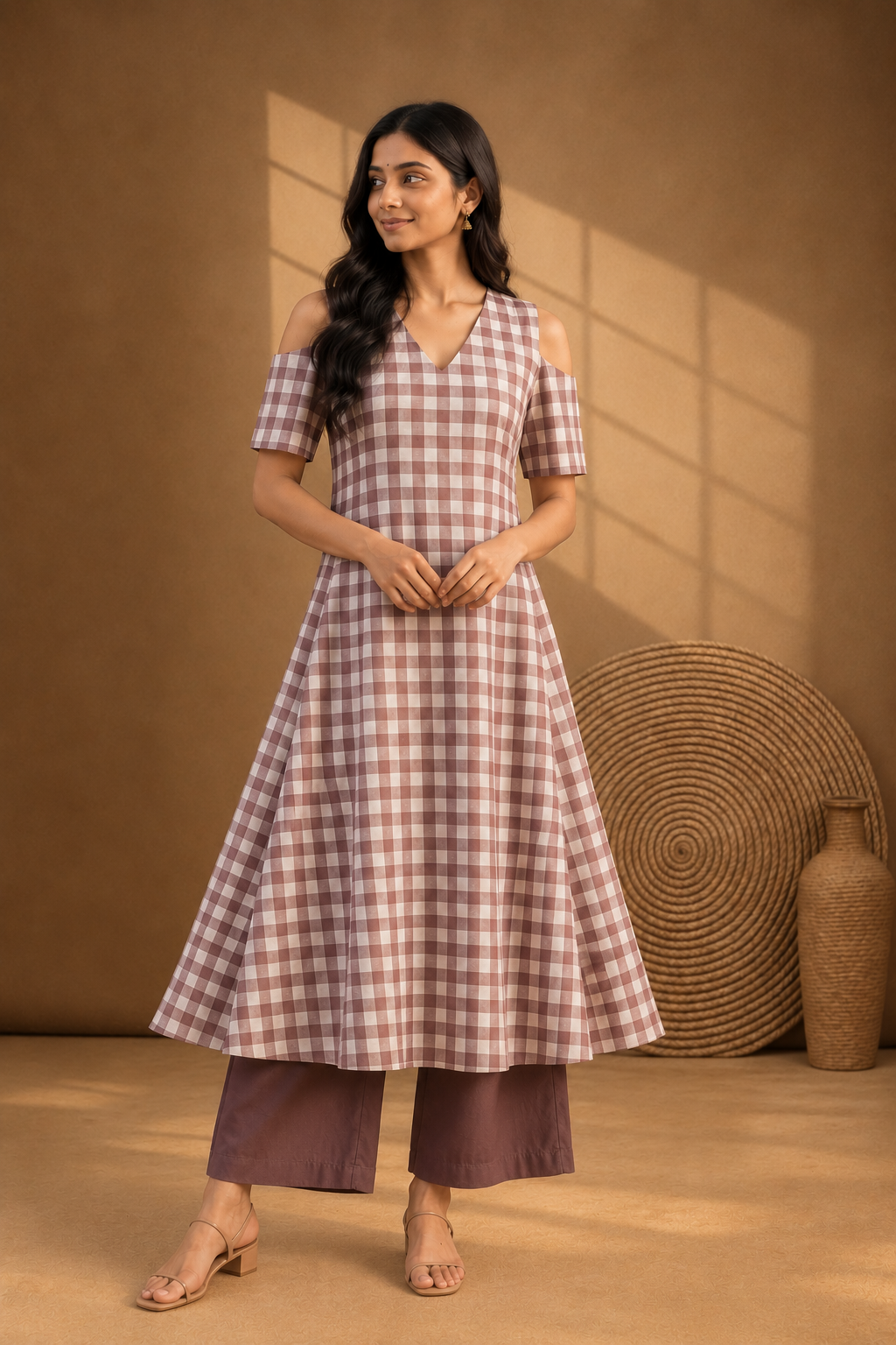 Mocha Checks – Cotton V-Neck Kurthi Set