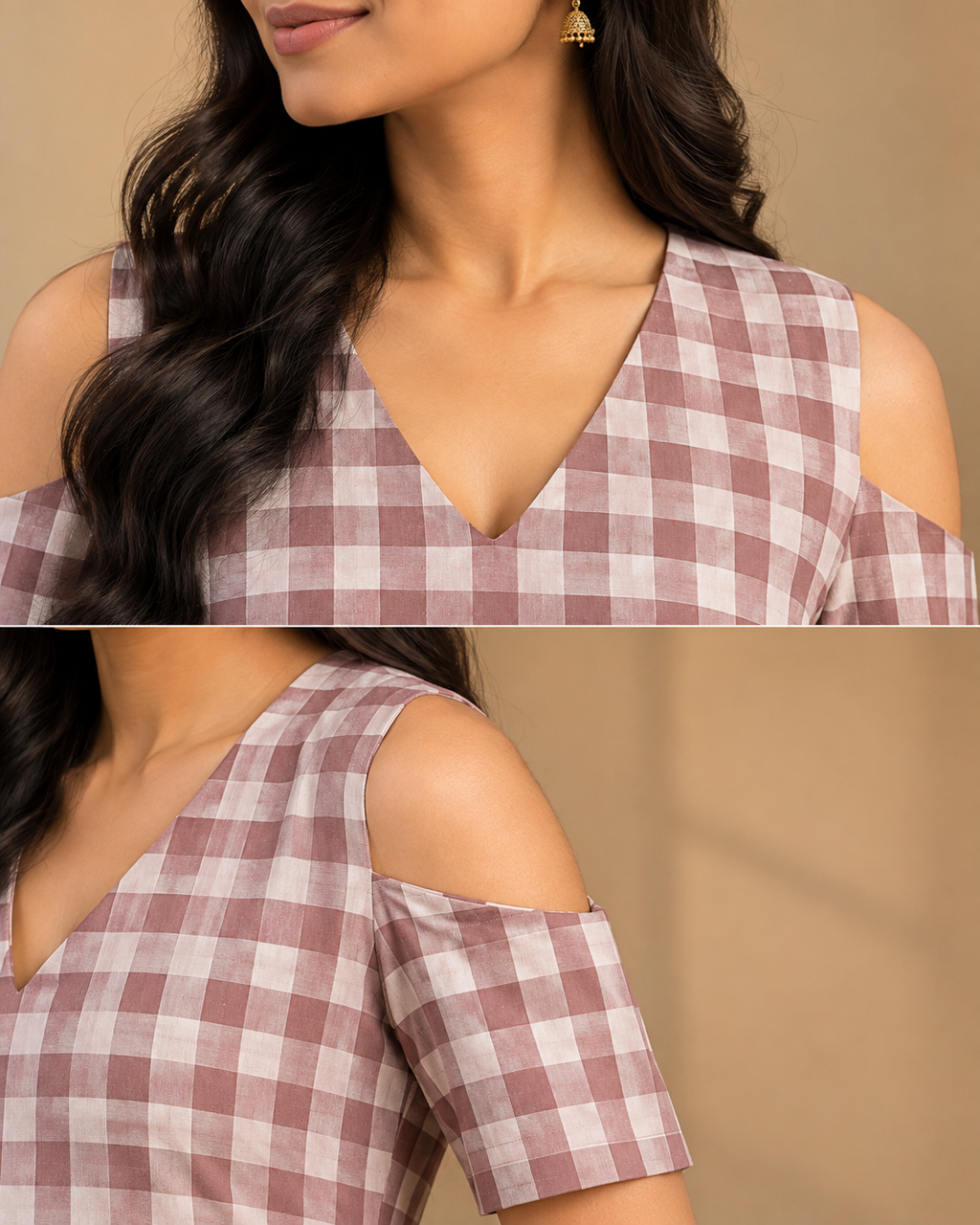 Mocha Checks – Cotton V-Neck Kurthi Set