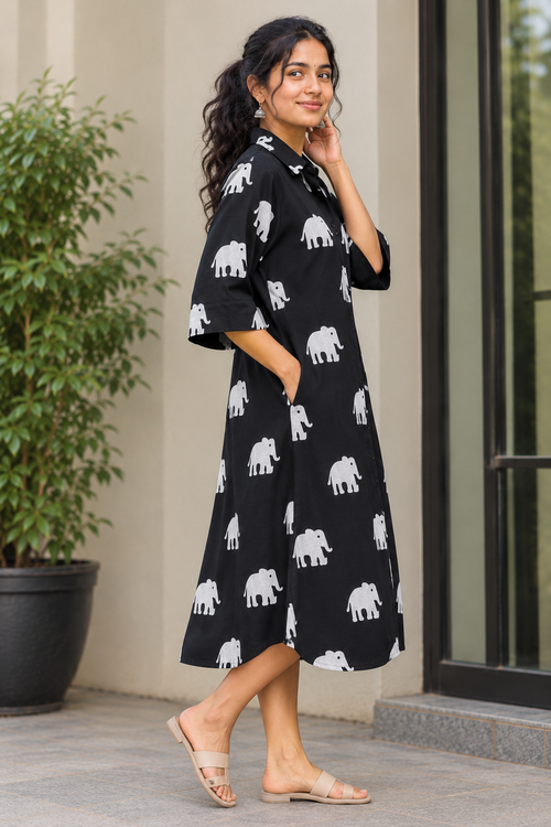 Ivory Elephants – Cotton Block Printed Shirt Dress