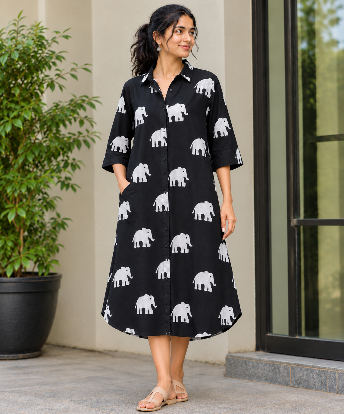 Ivory Elephants – Cotton Block Printed Shirt Dress